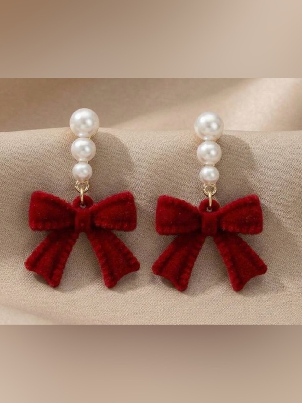 Red Velvet Bow Pearl Drop Earrings
